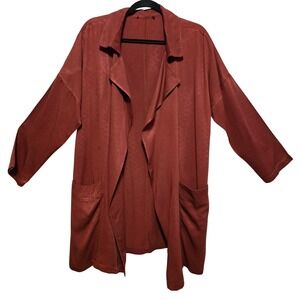 Terracotta Rust Open Front Duster Jacket Notched Lapel Pocketed Longline Coat 1X